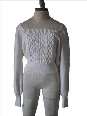 BLUE RAIN cable knit cropped off shoulder sweater white long sleeve Y2K XL